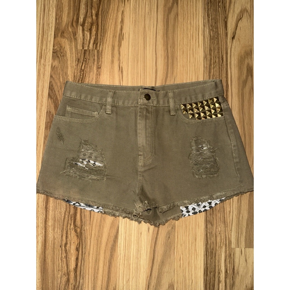 FOREVER 21 Women's Juniors Sz 28 Green denim Mini Short Shorts Metal studs